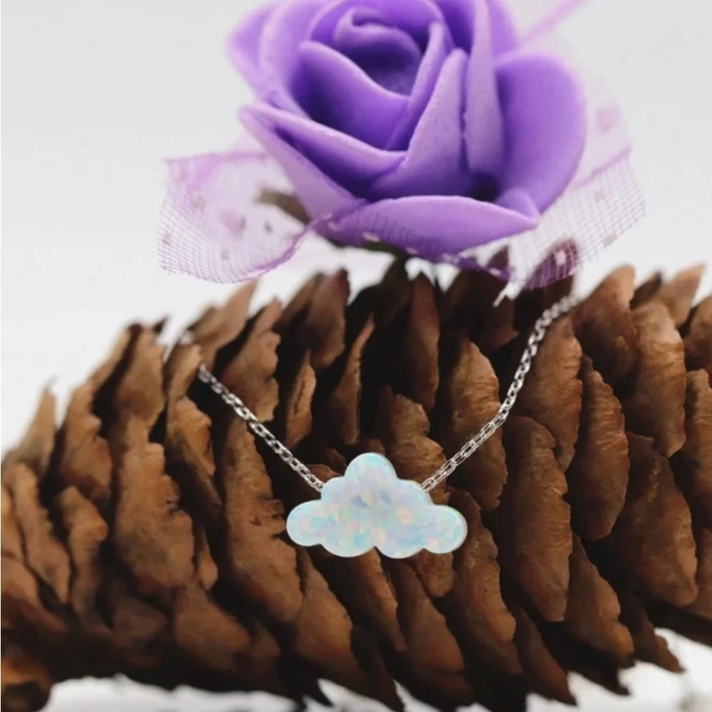 “White Opal Cloud” Rainbow Iridescent Glittery Cumulus Sky Weather 925 Necklace
